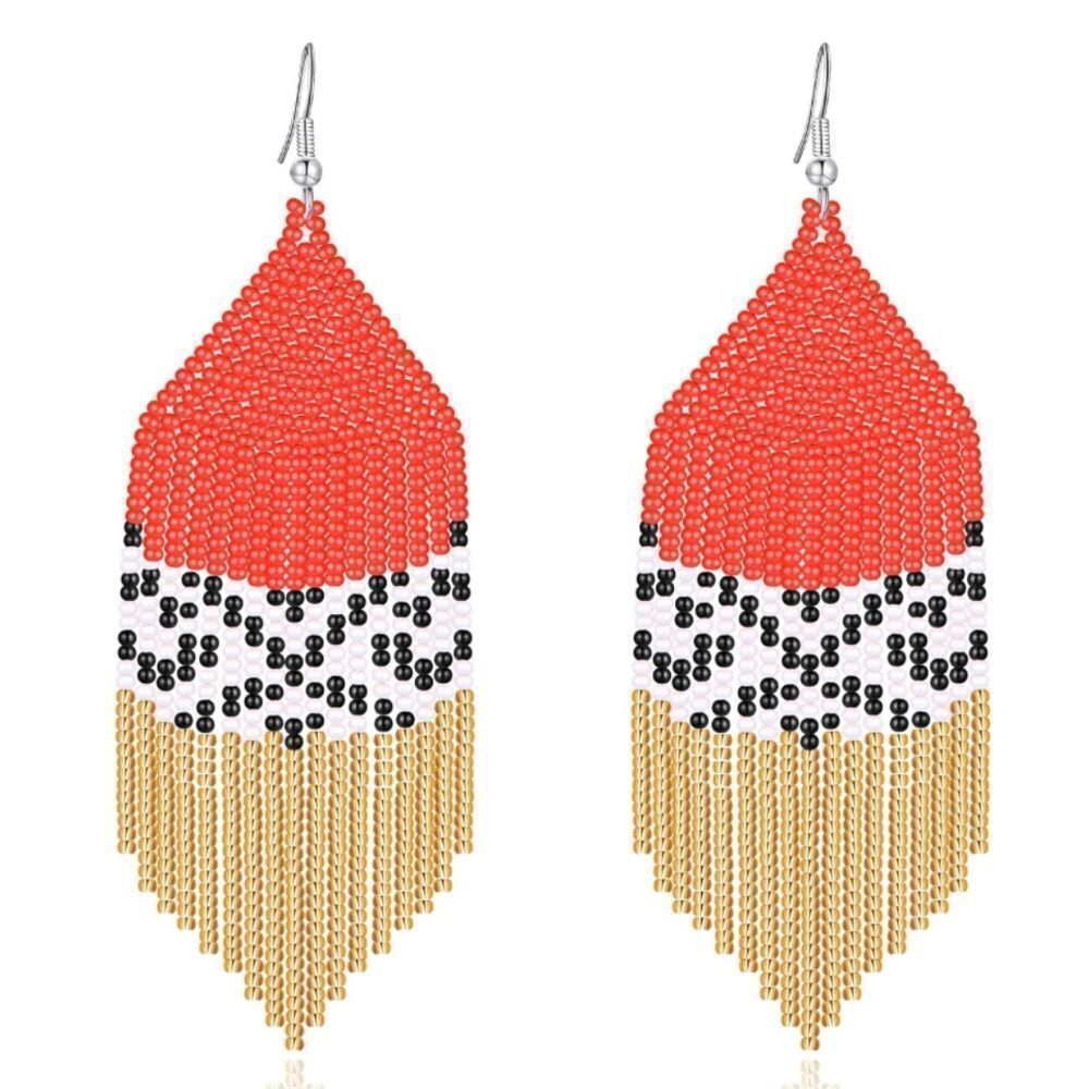 Colorful Bohemian Seed Bead Tassel Dangling Statement French Wire Hook Earrings